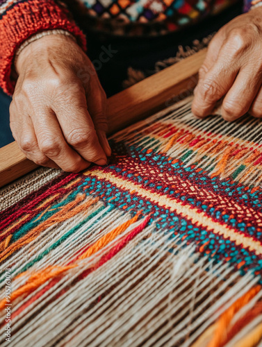 hands weaving a colorful traditional Mexican textile on a wooden loom, intricate patterns emerging