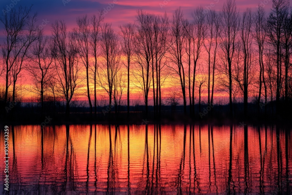 A dramatic image of bare trees reflecting on a calm body of water at sunset, showcasing the fiery orange and red hues of the sky creating a stunning silhouetted effect. A dramatic image of bare trees reflecting on a calm body of water at sunset, showcasing the fiery orange and red hues of the sky creating a stunning silhouetted effect.