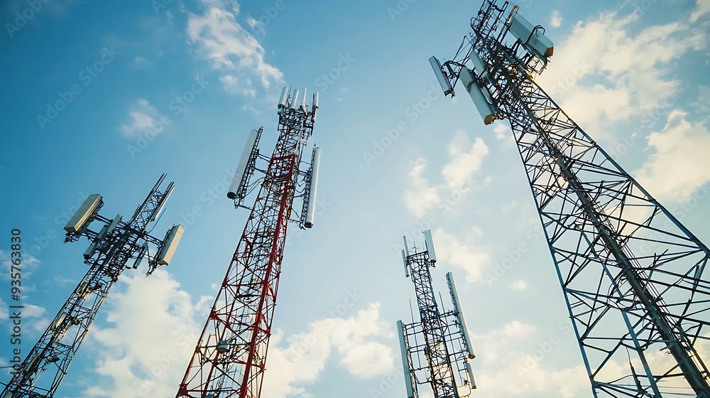 Telephony cell tower networks in telecommunication, with signals radiating, ensuring strong voice connections. Telephony cell tower networks in telecommunication, with signals radiating, ensuring strong voice connections.