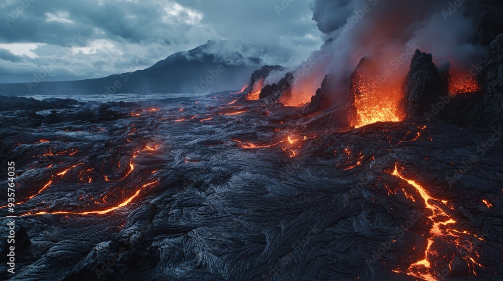 An intense image of a volcanic fissure spewing lava and thick smoke into the air, highlighting the raw power and fiery landscape under a turbulent sky. An intense image of a volcanic fissure spewing lava and thick smoke into the air, highlighting the raw power and fiery landscape under a turbulent sky.