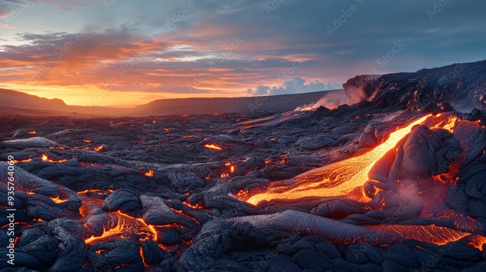 Fototapeta premium A breathtaking image showing an active volcanic landscape with glowing lava flowing towards the horizon, bathed in the warm light of a picturesque sunset.
