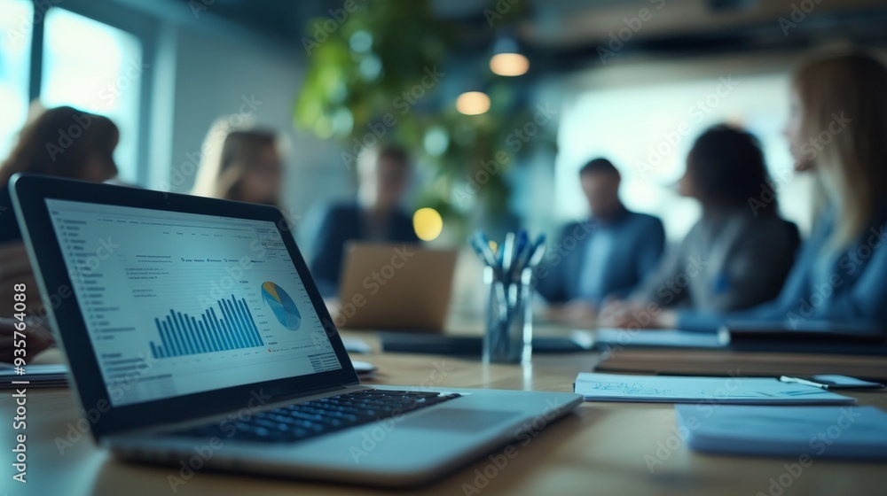 The image shows a conference room setting with a group of businesspeople in a meeting. The primary focus is the laptop with screen displaying graphs and pie charts. The image shows a conference room setting with a group of businesspeople in a meeting. The primary focus is the laptop with screen displaying graphs and pie charts.