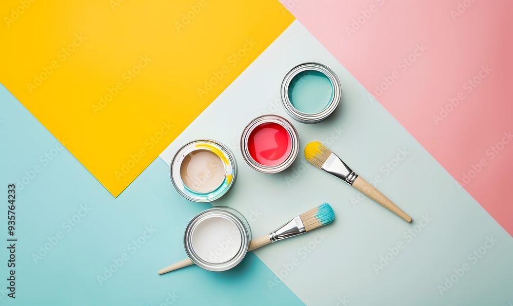 Banner with four open cans of paint with brushes on them on bright symmetry background. Yellow, white, pink, blue colors of paint. Top view. Banner with four open cans of paint with brushes on them on bright symmetry background. Yellow, white, pink, blue colors of paint. Top view.