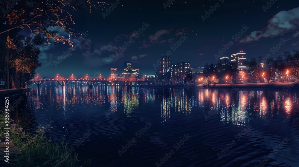 The ambient glow of the city lights reflected on the calm surface of the river, creating a mesmerizing and tranquil scene. The ambient glow of the city lights reflected on the calm surface of the river, creating a mesmerizing and tranquil scene.