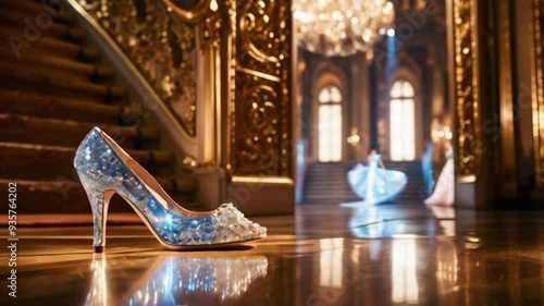 Cinderella's Lost Shiny Slipper at the Bottom of the Stairs: Enchanting Fairytale Moment in a Magical Setting