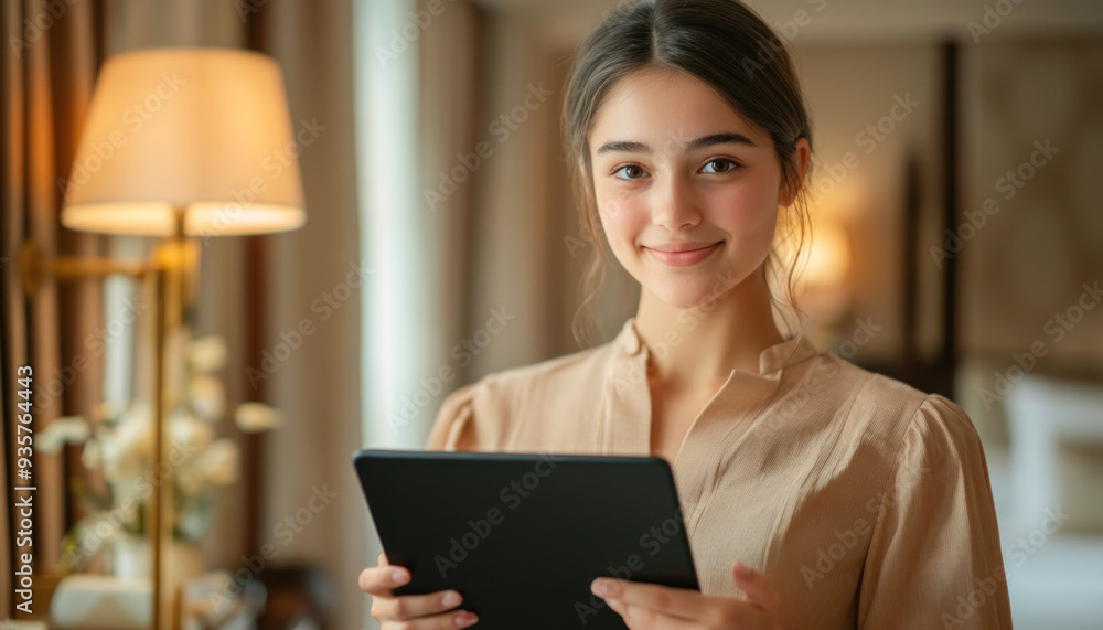 Hotel manager smiling and holding a tablet in hotel room Hotel manager smiling and holding a tablet in hotel room