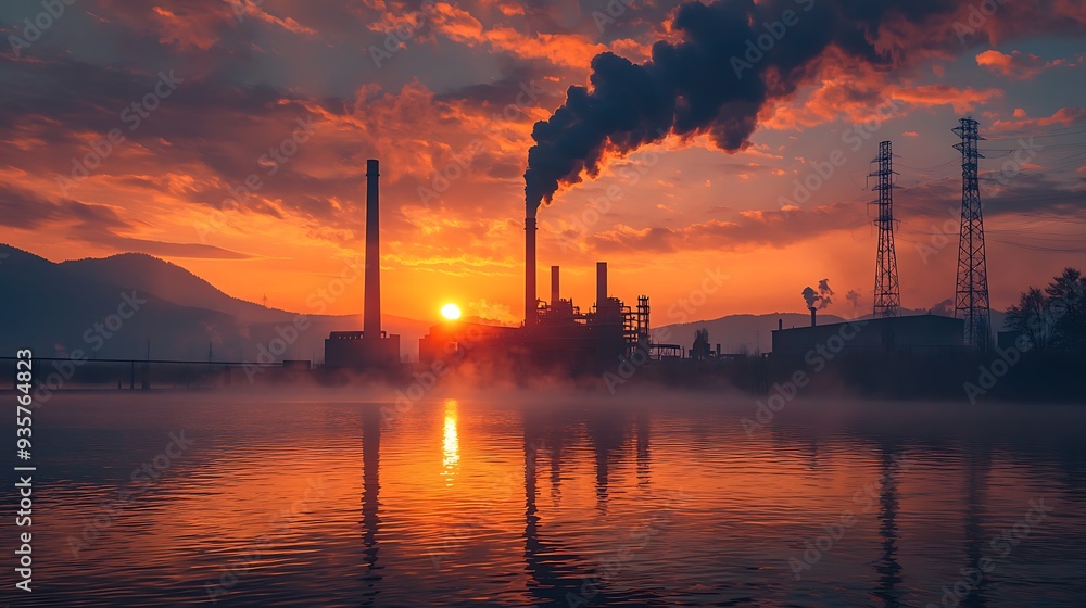Industrial sunset with smoke and reflections in water, creating a haunting yet beautiful scene where nature and industry collide. Industrial sunset with smoke and reflections in water, creating a haunting yet beautiful scene where nature and industry collide.