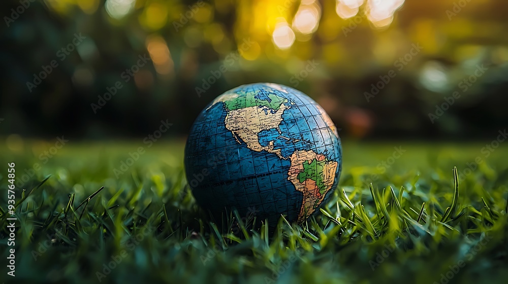 Globe on green grass with a bokeh background, symbolizing the harmony between our planet and nature, with a focus on environmental sustainability. Globe on green grass with a bokeh background, symbolizing the harmony between our planet and nature, with a focus on environmental sustainability.