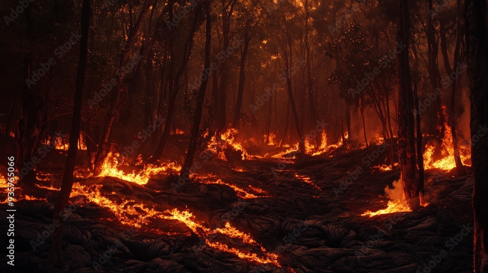 Lava flows through a dense forest, igniting trees and underbrush, showcasing the destructive yet beautiful force of volcanic activity disrupting nature’s tranquility. Lava flows through a dense forest, igniting trees and underbrush, showcasing the destructive yet beautiful force of volcanic activity disrupting nature’s tranquility.