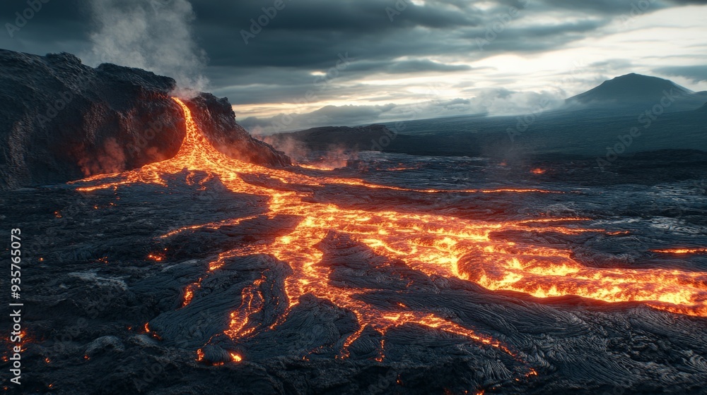 A breathtaking scene of molten lava cascading down a rocky terrain, highlighting nature's raw power and beauty under a dramatic, cloudy sky. A breathtaking scene of molten lava cascading down a rocky terrain, highlighting nature's raw power and beauty under a dramatic, cloudy sky.