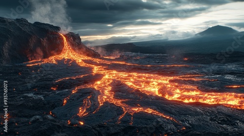 A breathtaking scene of molten lava cascading down a rocky terrain, highlighting nature's raw power and beauty under a dramatic, cloudy sky.