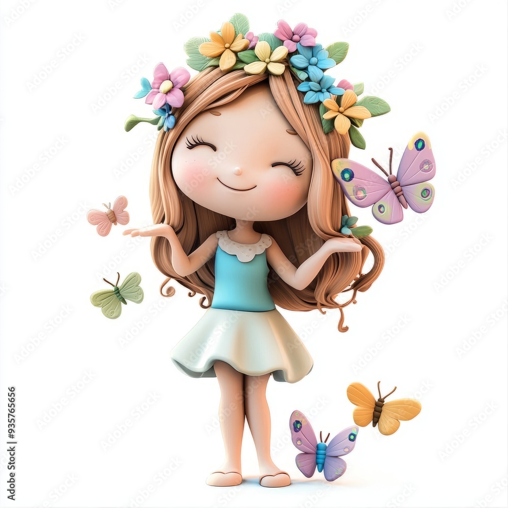Kawaii Clay Girl with Butterfly Friends - 3D Icon Illustration Kawaii Clay Girl with Butterfly Friends - 3D Icon Illustration