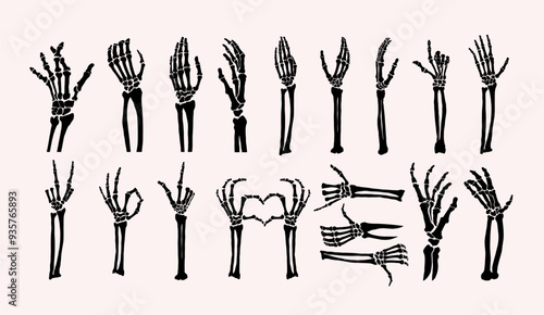 Set for Halloween, skeleton hand gesture icons. Human skeleton hand gestures OK or thumb up, pointing finger, victory V sign, finger bones with peace sign, love. Vector Halloween holiday silhouettes.