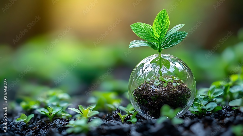 Tiny plant growing in a glass globe on the ground with other plants, highlighting the importance of environmental protection and sustainable growth. Tiny plant growing in a glass globe on the ground with other plants, highlighting the importance of environmental protection and sustainable growth.