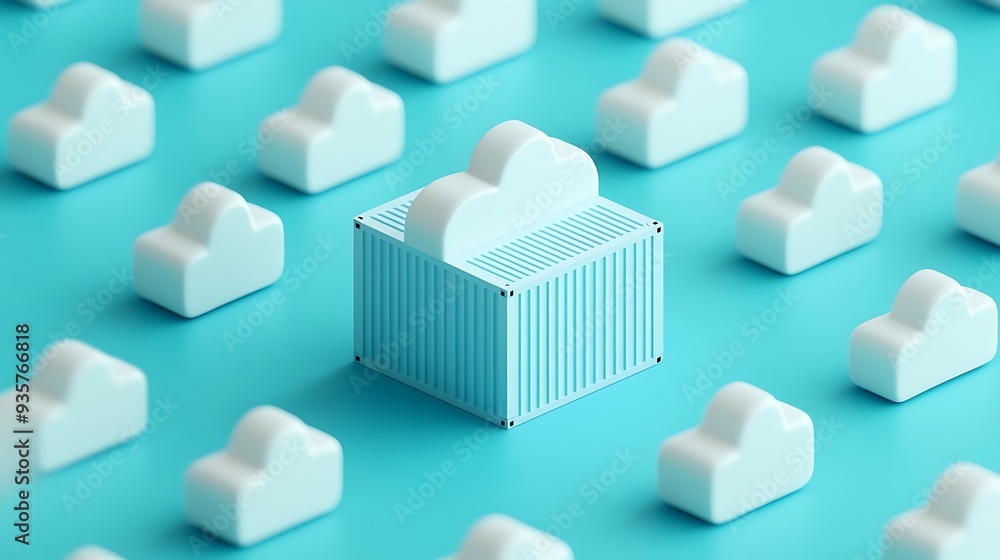 Conceptual image of cloud computing and data storage with multiple cloud icons and a central data container on a blue background. Conceptual image of cloud computing and data storage with multiple cloud icons and a central data container on a blue background.