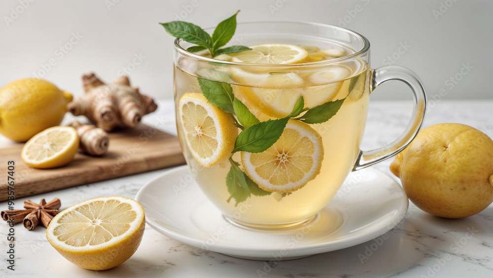 A refreshing cup of lemon ginger tea with fresh ingredients on a light background. Perfect for health, wellness, and natural remedy concepts A refreshing cup of lemon ginger tea with fresh ingredients on a light background. Perfect for health, wellness, and natural remedy concepts
