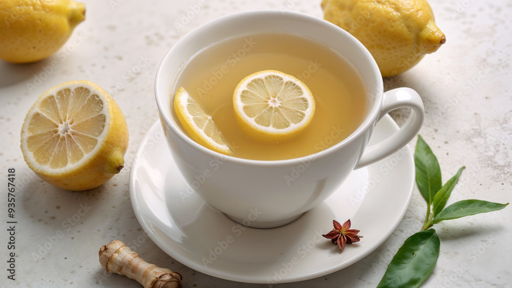 A refreshing cup of lemon ginger tea with fresh ingredients on a light background. Perfect for health, wellness, and natural remedy concepts A refreshing cup of lemon ginger tea with fresh ingredients on a light background. Perfect for health, wellness, and natural remedy concepts