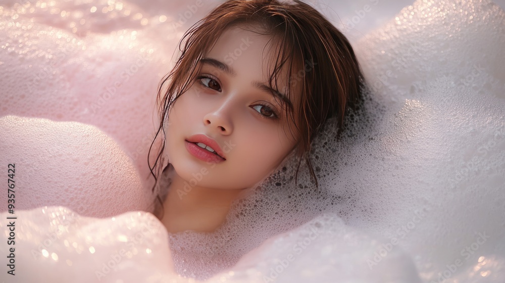 Woman's face partially covered in foam with a soft, dreamy look. Woman's face partially covered in foam with a soft, dreamy look.