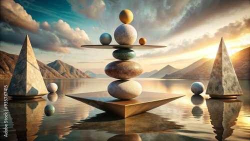 A soothing palette of muted earth tones and geometric shapes evokes a sense of serenity, as delicate colors and shapes blend in harmony.