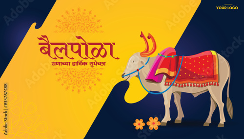 Traditional Bail Pola Greeting Banner with Ox in Marathi Cultural Theme
