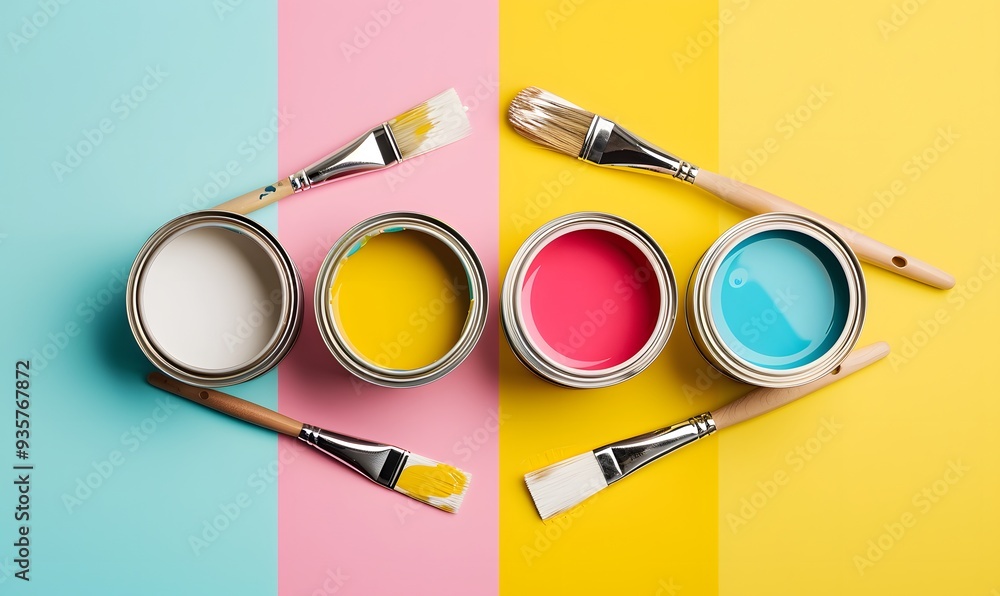 Banner with four open cans of paint with brushes on them on bright symmetry background. Yellow, white, pink, blue colors of paint. Top view. Banner with four open cans of paint with brushes on them on bright symmetry background. Yellow, white, pink, blue colors of paint. Top view.