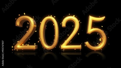 Trendy golden inscription 2025, black background, gold dust. New Year greeting card lettering