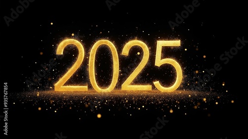 Trendy golden inscription 2025, black background, gold dust. New Year greeting card lettering