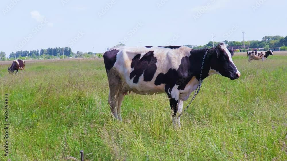 A peaceful afternoon grazing on a sunny pasture with Holstein cows in lush green fields A peaceful afternoon grazing on a sunny pasture with Holstein cows in lush green fields