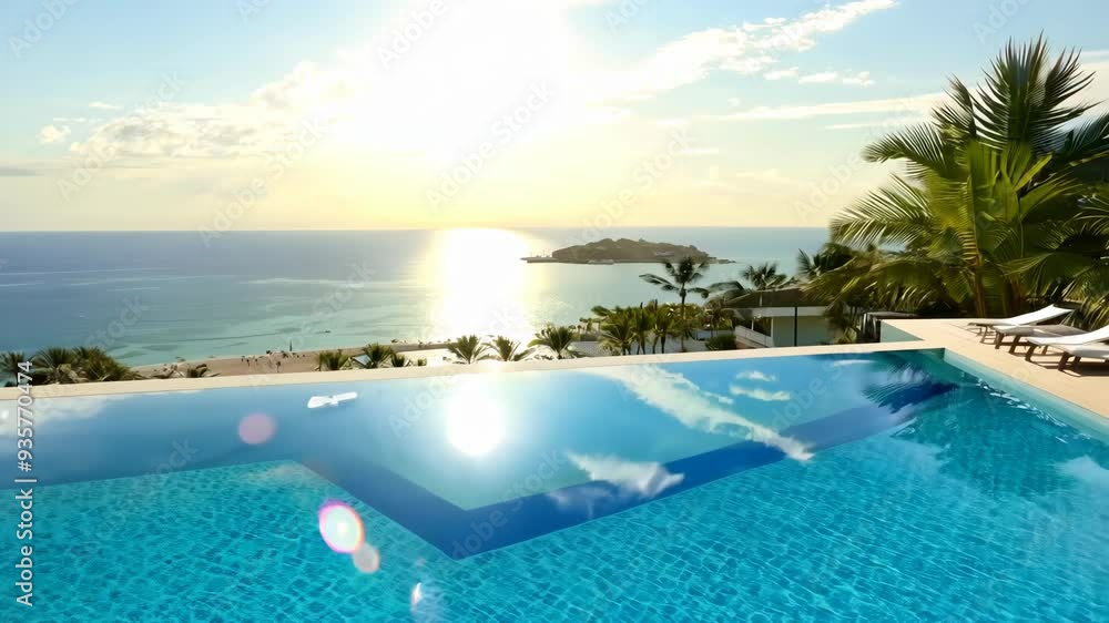 Relaxing sunset views from a luxurious infinity pool at a tropical resort overlooking the ocean Relaxing sunset views from a luxurious infinity pool at a tropical resort overlooking the ocean