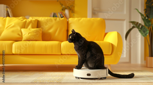 Black cat sitting on vacuum cleaner.