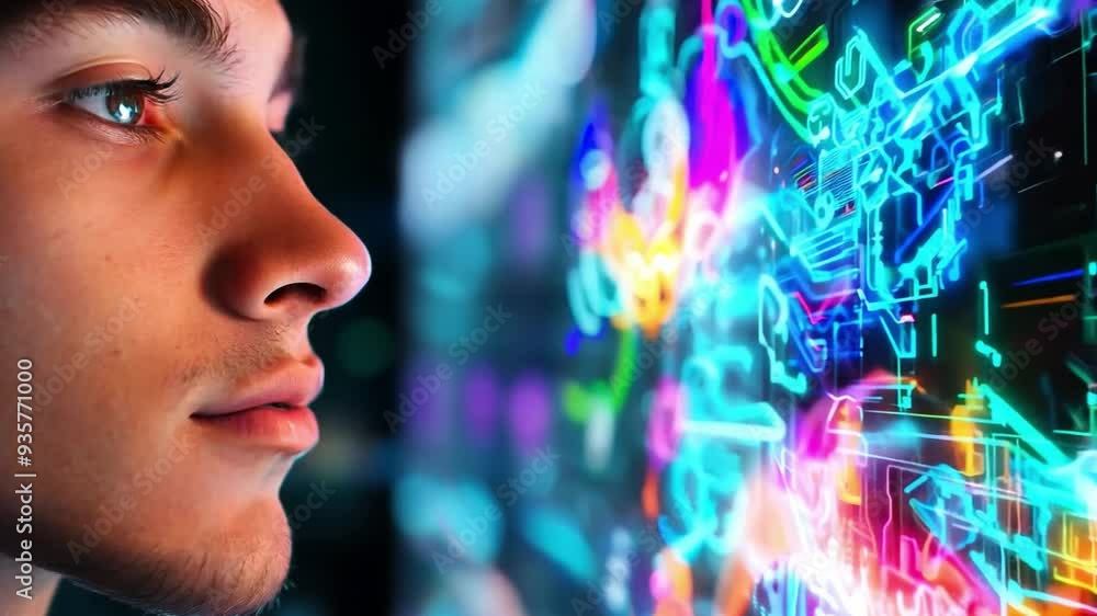 A young man focuses intently on a dynamic digital display filled with colorful graphics and data information. A young man focuses intently on a dynamic digital display filled with colorful graphics and data information.