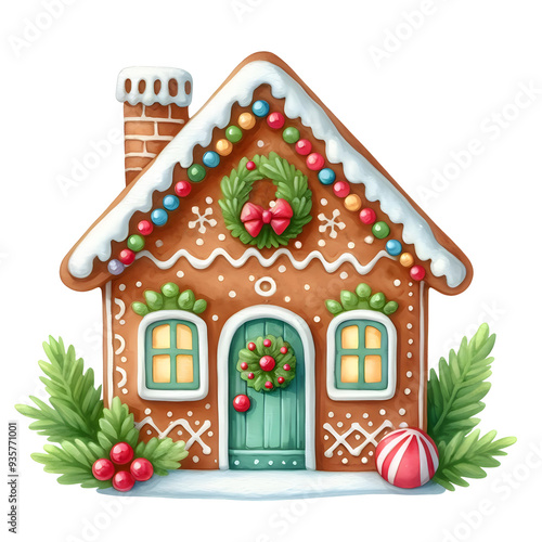 Watercolour gingerbread house with Christmas tree and ornament