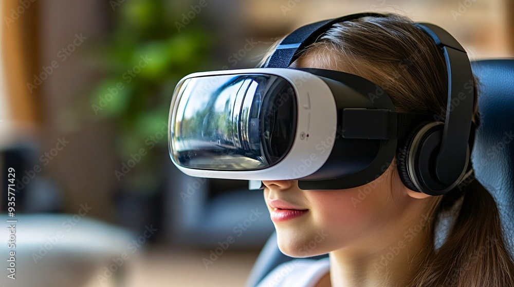 A teenager in a gaming chair, immersed in a virtual world with a headset, connecting and strategizing with friends worldwide Stock Photo with copy space A teenager in a gaming chair, immersed in a virtual world with a headset, connecting and strategizing with friends worldwide Stock Photo with copy space