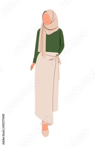 Illustration of young muslimah girl wearing hijab and abaya in portrait. Stylish and beautiful islamic hijab dress. Islamic trend fashion for woman. Flat Design