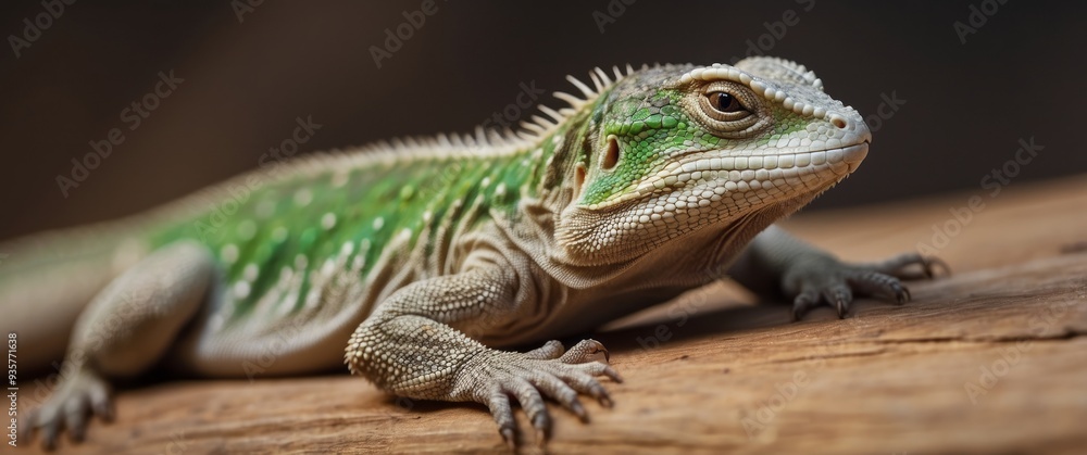 Naklejka premium Close-up Portrait of a Green and Grey Lizard on Wood