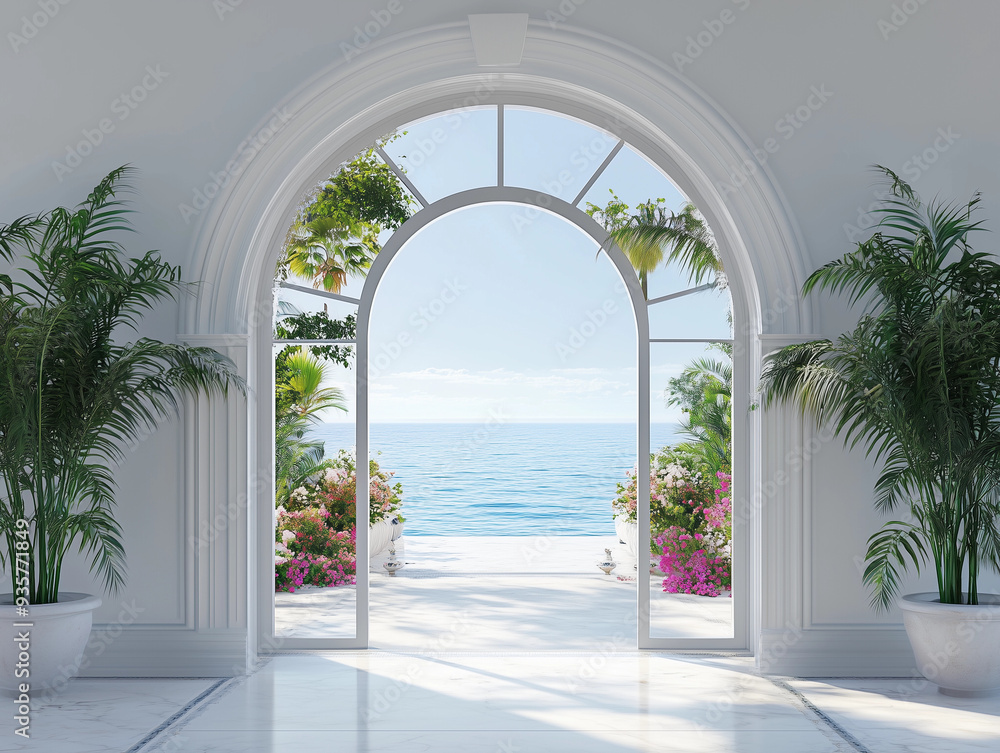 Fototapeta premium Tropical coastal white concrete archway scene ocean view backdrop luxurious Mediterranean style elegant architecture lush green plants vibrant flowers vacation home decor concept island resort travel 