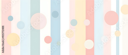 A flat vector illustration of a background design featuring simple stripes overlaid with circles and ovals in soft pastel colors. The stripes are evenly spaced in light shades, while the circles 