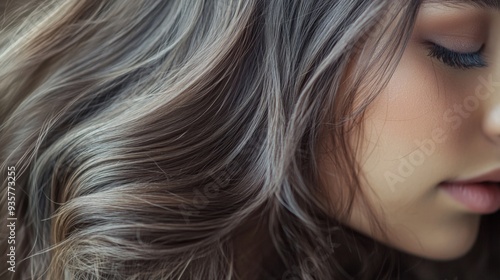 A young woman is shown in profile, her soft flowing hair cascading around her face in gentle waves, illuminated by natural light.