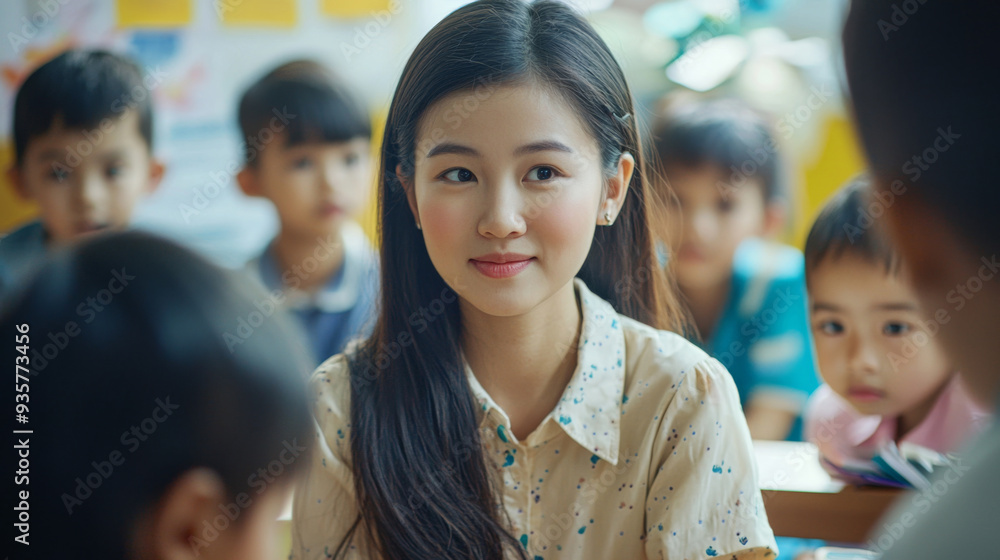 A woman with long hair is sitting in a classroom with a group of children A woman with long hair is sitting in a classroom with a group of children