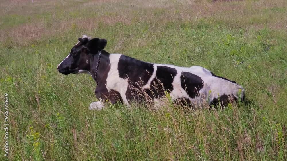 Peaceful cow resting in a lush green field during a sunny afternoon in rural countryside Peaceful cow resting in a lush green field during a sunny afternoon in rural countryside