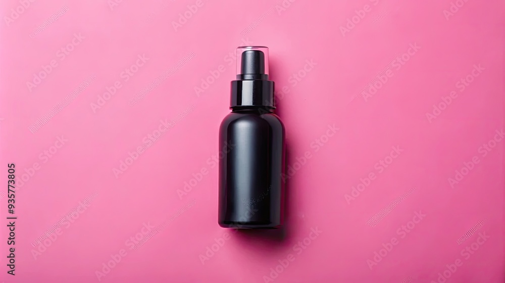 Top view of closed black cosmetic cream bottle on pink background Top view of closed black cosmetic cream bottle on pink background