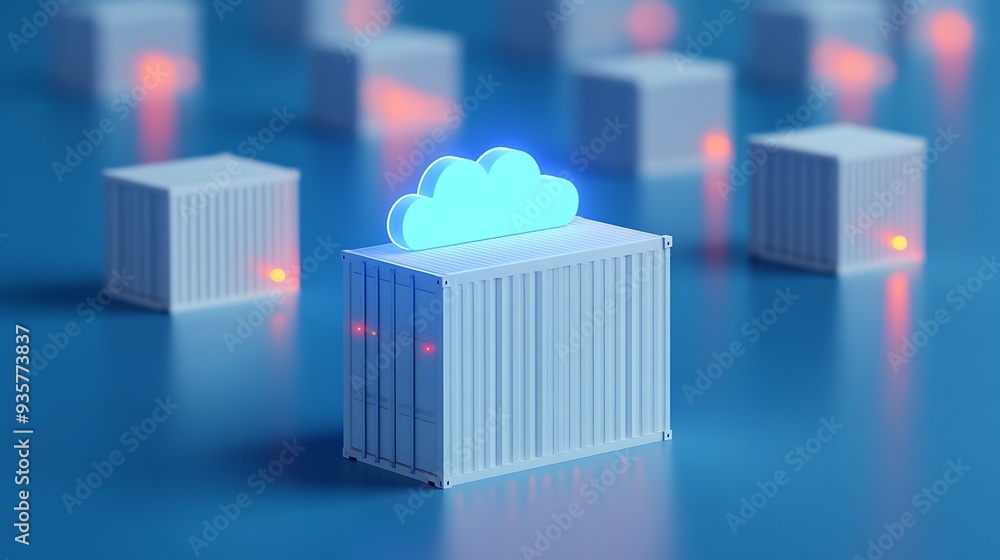 Obraz premium Digital cloud technology concept with glowing cloud icon on blue container, representing data storage and virtualization.