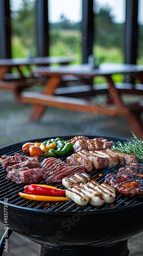 Close up of a black charcoal grill with various meats and vegetables cooking over an open flame. photo