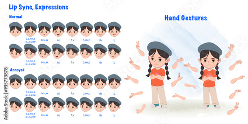 A beautiful little girl cartoon character with hat creation set with lip sync and hand gesture. Annoyed girl cartoon character front and 1/3 standing pose. Girl wearing hat