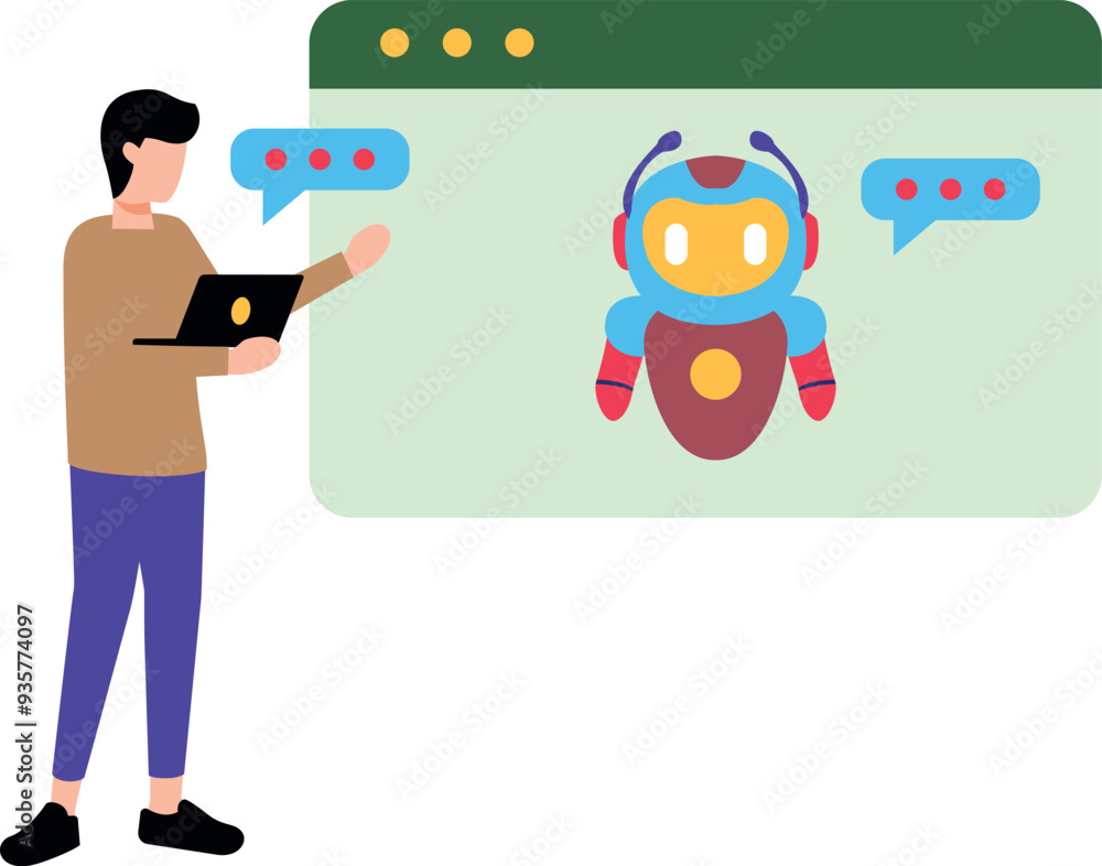 Boy talking to online robot. Boy talking to online robot.
