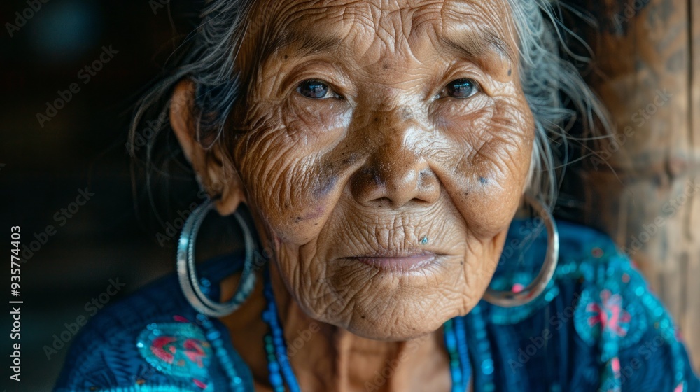An elderly M’khe woman, wearing traditional attire, gazes thoughtfully while seated in her Hmong village, illuminated by soft morning light. Her expression reflects a rich life experience An elderly M’khe woman, wearing traditional attire, gazes thoughtfully while seated in her Hmong village, illuminated by soft morning light. Her expression reflects a rich life experience