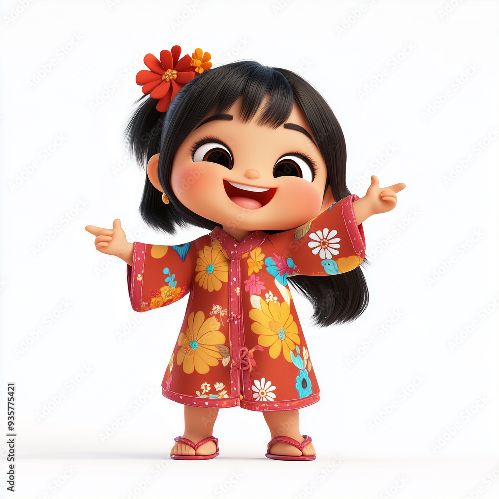 A cheerful animated character features round eyes and pigtails, while standing with arms wide open, exuding happiness. A cheerful animated character features round eyes and pigtails, while standing with arms wide open, exuding happiness.