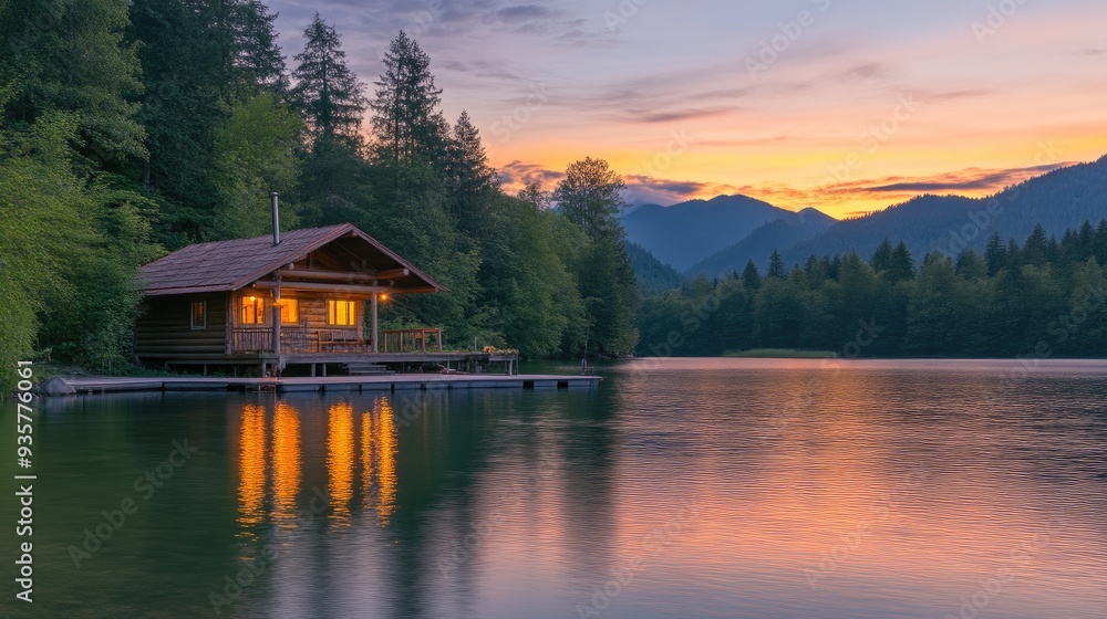 Naklejka premium Charming Cabin Retreat by the Serene Lake at Dusk