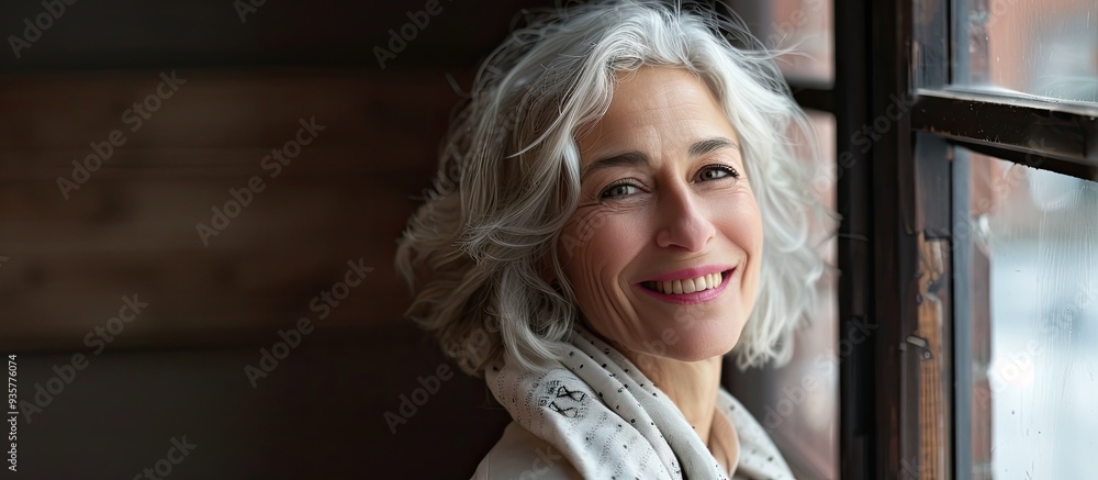 Close up portrait of a lovely mature woman with a broad smile while standing by the window. Copy space image. Place for adding text and design Close up portrait of a lovely mature woman with a broad smile while standing by the window. Copy space image. Place for adding text and design