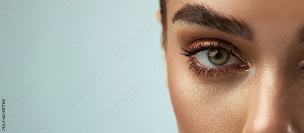 Fototapeta premium Close up of a woman with beautiful eyebrows against a light background with copy space Concepts include microblading microshading eyebrow tattoos henna and powder brows
